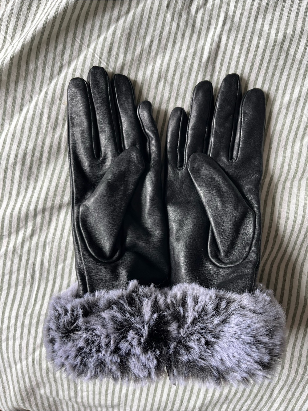 Black Leather Gloves with Gray Faux Fur Cuff
